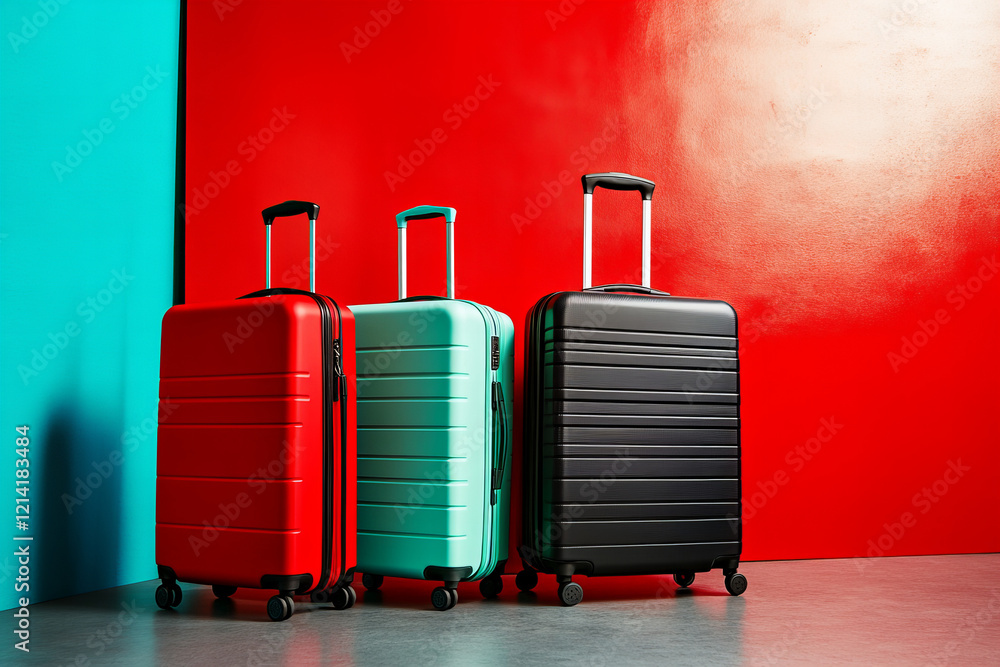 Vibrant modern suitcases in a colorful studio setting showcasing travel accessories and luggage design for vacation, business trips, and stylish travel solutions Vibrant modern suitcases in a colorful studio setting showcasing travel accessories and luggage design for vacation, business trips, and stylish travel solutions