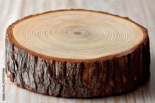 A cross-sectional view of a tree trunk, showing annual growth rings and inner textures photo