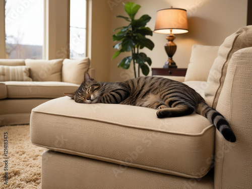 cat relaxing on a sofa