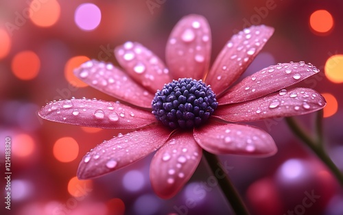 Dew-kissed pink flower with bokeh background.