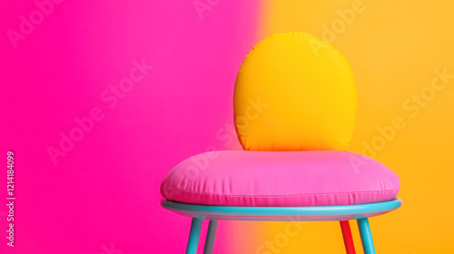 Playful whoopee cushion on vibrant yellow and pink background for humor and entertainment themes photo