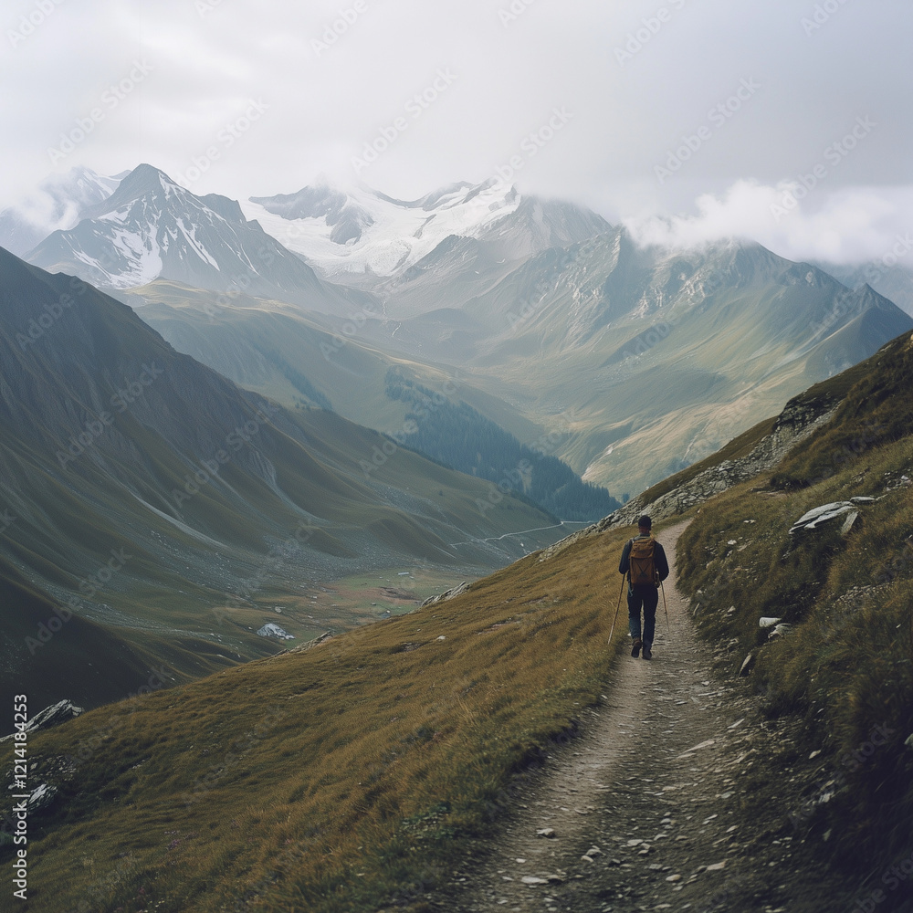 Man Hiking in a Mountainous Trail Man Hiking in a Mountainous Trail