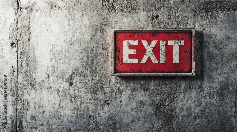 Exit concept image with Exit red sign with written exit word on a grey concrete wall Exit concept image with Exit red sign with written exit word on a grey concrete wall