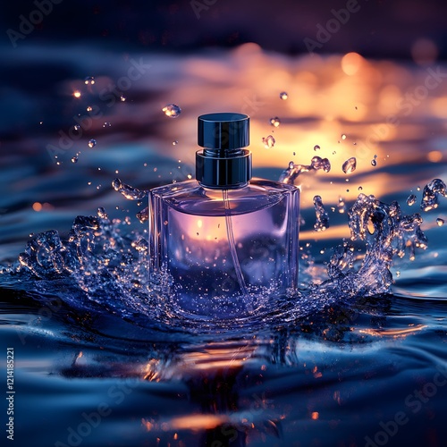 Elegant Perfume Bottle Splashing in Water with Vibrant Lighting