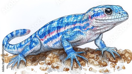 Vibrant Blue Lizard with Red and White Stripes Detailed Illustration photo