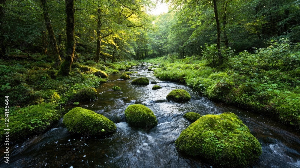 Sunlit stream flows through lush green forest, tranquil nature scene, ideal for relaxation Sunlit stream flows through lush green forest, tranquil nature scene, ideal for relaxation