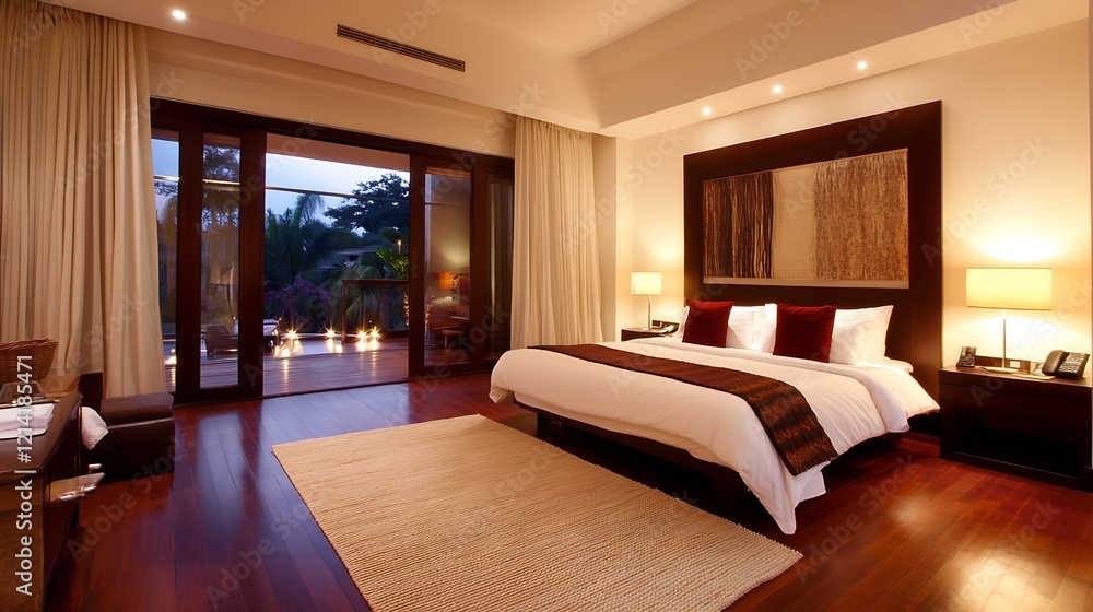 Fototapeta premium Luxury Hotel Bedroom with Elegant Lighting and Modern Interior Design for Relaxation : Generative AI