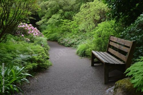 Serene Garden with Wooden Bench and Lush Greenery A Peaceful Retreat in Nature