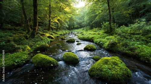 Sunlit stream flows through lush green forest, tranquil nature scene, ideal for relaxation