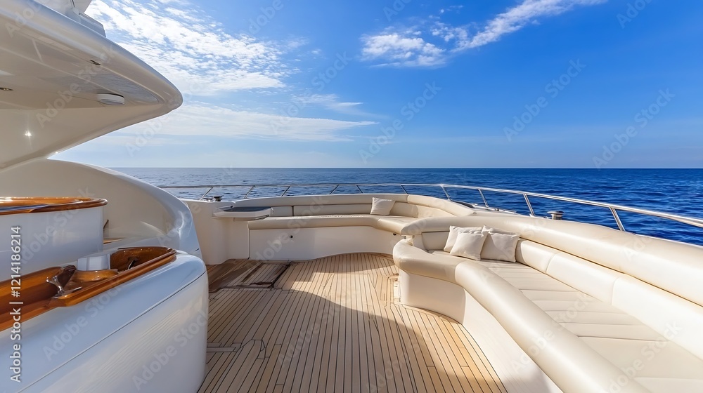 Fototapeta premium Elegant Yacht Deck with Cushioned Seating Overlooking Expansive Ocean Horizon : Generative AI