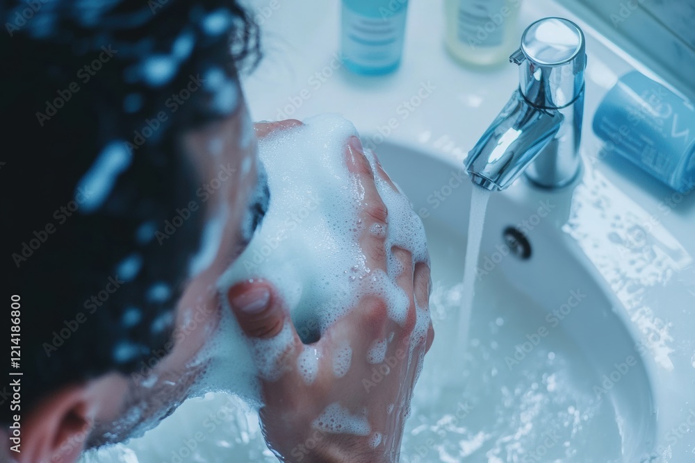 Fototapeta premium Man Washing Face with Foamy Cleanser at Bathroom Sink