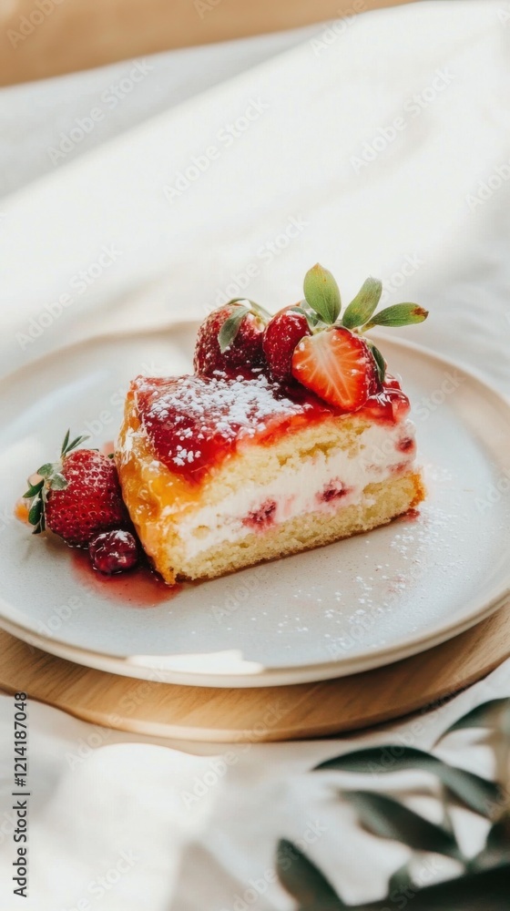 Strawberry cake with creamy layers and fresh toppings on porcelain Strawberry cake with creamy layers and fresh toppings on porcelain