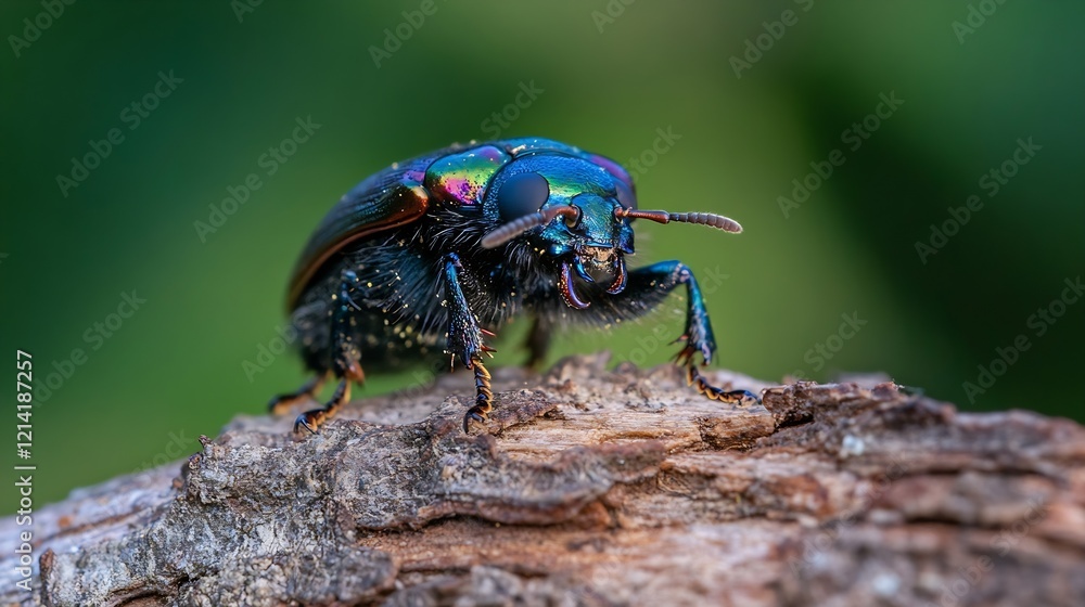 Shimmering jewel beetle rests on rustic wood amidst lush greenery : Generative AI Shimmering jewel beetle rests on rustic wood amidst lush greenery : Generative AI