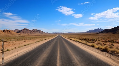 Endless Open Desert Highway under Clear Blue Sky and Mountain Views : Generative AI