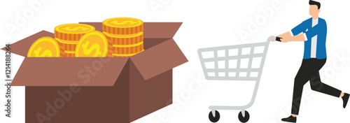 Money management and investment, savings and interest, wealth management, financial financial planning, businessman pushing a shopping cart next to a savings jar filled with gold coins in his stomach