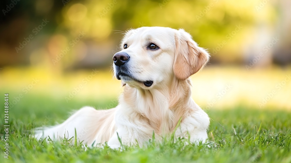 Golden Retriever Lying on Green Grass in Sunlit Park Looking Peaceful and Content : Generative AI Golden Retriever Lying on Green Grass in Sunlit Park Looking Peaceful and Content : Generative AI