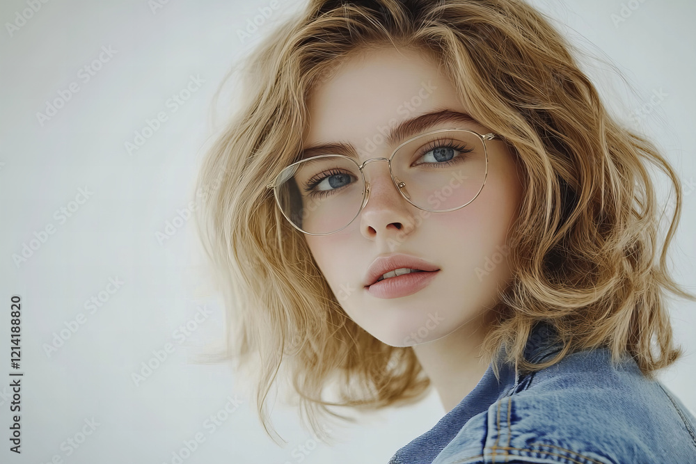 Naklejka premium Stylish Portrait of a Young Woman with Blonde Curly Hair, Oversized Glasses, and a Denim Jacket, Highlighting Modern Fashion, Minimalistic Elegance, and Youthful Confidence