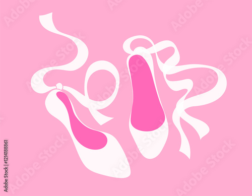 Delicate cute girly illustration of ballet shoes. Ballet coquette core. White ribbons on pink background. Print for postcard or women's children's clothing