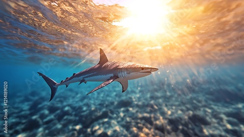 Shark swimming ocean sunset underwater coral photo