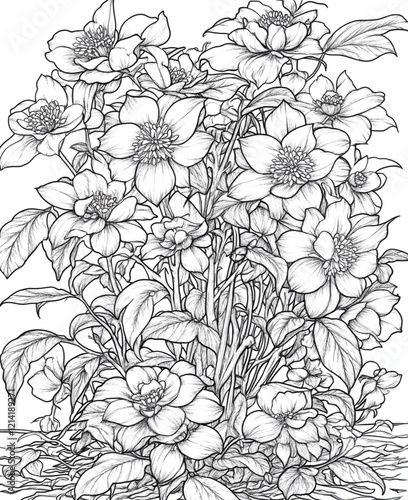 Wallpaper Mural A coloring page featuring a massive plant of mandevilla flowers, perfect for adults looking to snip up their free time,some creative coloring. design includes lots of assorted flowers, vines and leave Torontodigital.ca