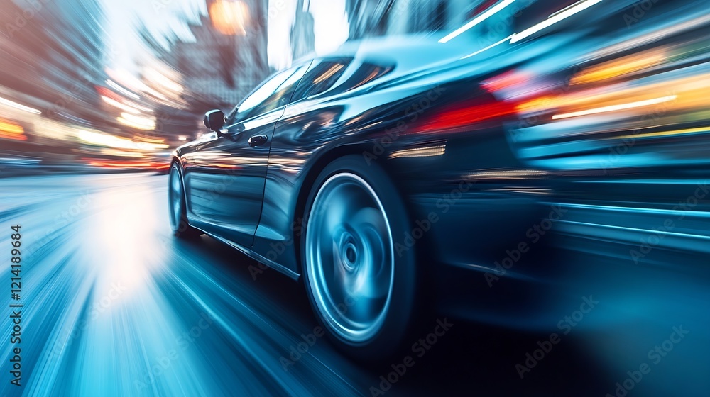 Sleek Sports Car in Motion on Urban Road at Night : Generative AI Sleek Sports Car in Motion on Urban Road at Night : Generative AI