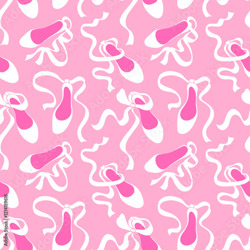 Seamless pattern in ballet core style. White shoes on a pink background. Delicate girly print for for fabric, wrapping paper, textile, wallpaper
