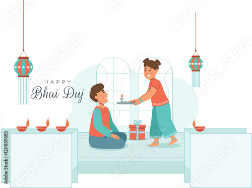 Festive Bhai Duj Moments with Siblings Illustration A sister performing rituals for her brother, surrounded by traditional decor.