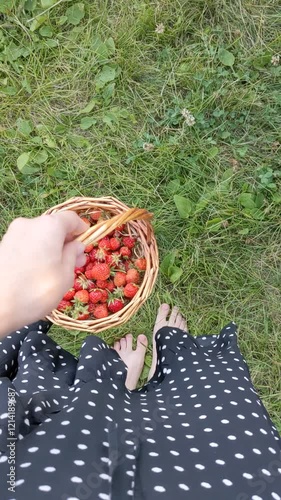Girl is harvesting strawberries. A young woman collects ripe strawberries in a basket. Vertical video.