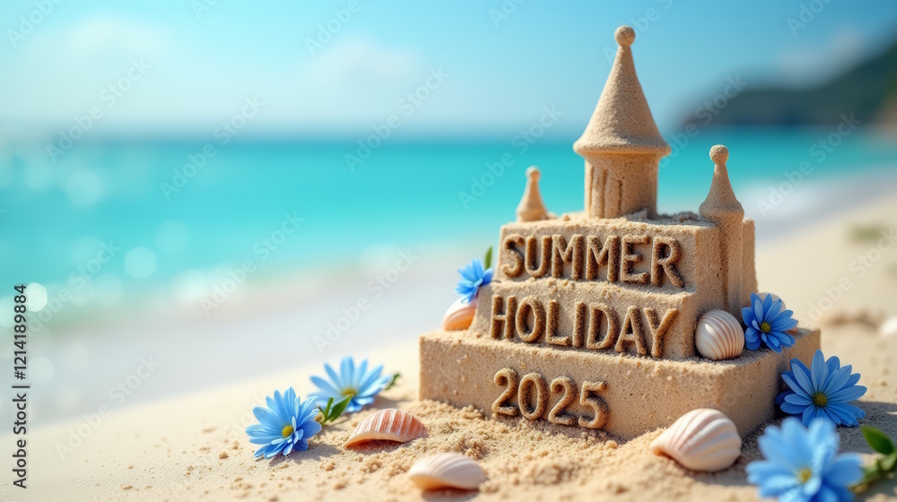 SUMMER HOLIDAY 2025 text on the sandcastle SUMMER HOLIDAY 2025 text on the sandcastle