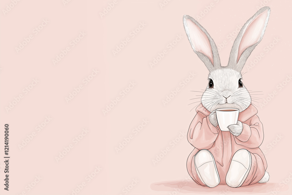 Fototapeta premium Cute bunny wearing pink hoodie and drinking hot beverage on pastel background with copy space