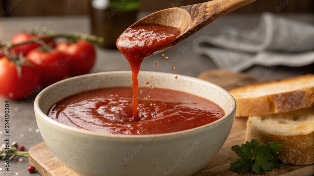 A luxurious closeup of a wooden s dipped into a rich steaming tomato soup with droplets falling back into the bowl. The rich red hue glistens under soft light and in the A luxurious closeup of a wooden s dipped into a rich steaming tomato soup with droplets falling back into the bowl. The rich red hue glistens under soft light and in the