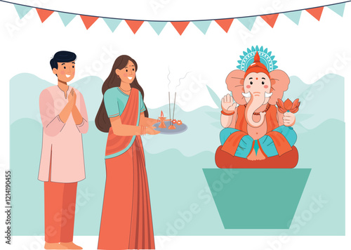 Ganesh Chaturthi Festive Illustration Design A festive setup with Lord Ganesha idol, modaks, and flowers.