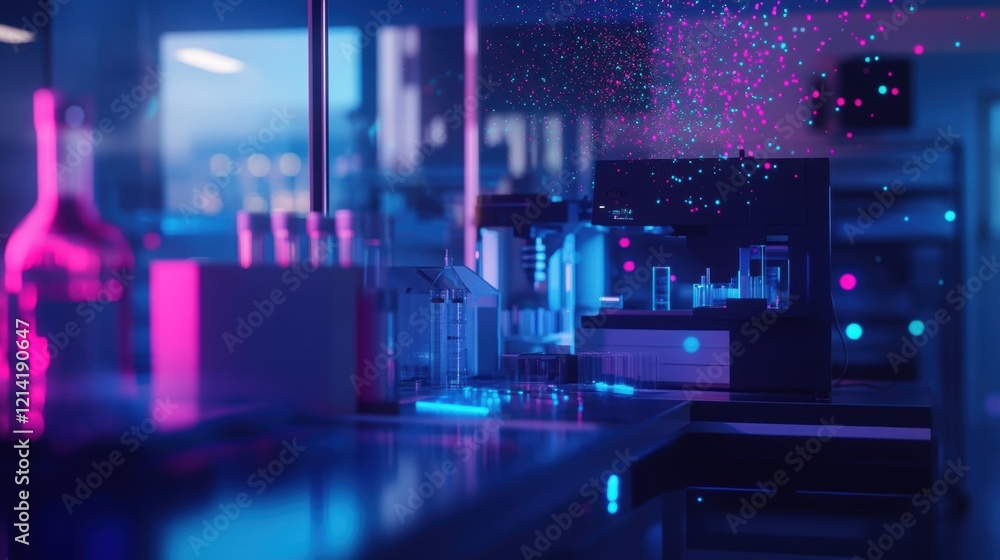 Futuristic laboratory equipment glows with vibrant neon lights, creating an otherworldly atmosphere as advanced scientific research is conducted, with particles floating in the air Futuristic laboratory equipment glows with vibrant neon lights, creating an otherworldly atmosphere as advanced scientific research is conducted, with particles floating in the air