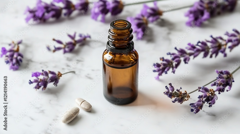 Single Open Essential Oil Bottle with Lavender Sprigs and Two Pills on White Surface : Generative AI Single Open Essential Oil Bottle with Lavender Sprigs and Two Pills on White Surface : Generative AI