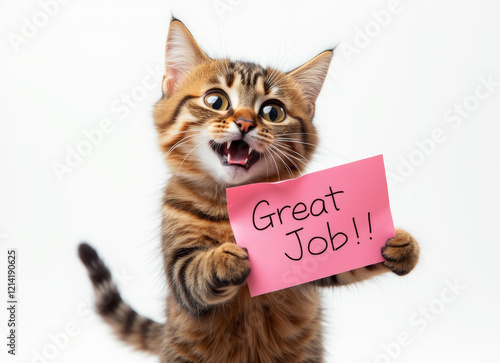 Compliment, congratulations and praise message. Cat showing banner with text 