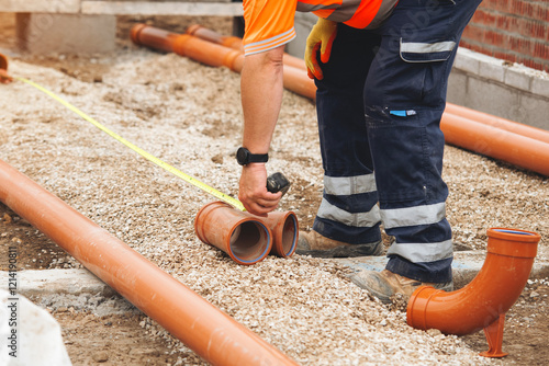 Construction worker measures foul drainage pipes on a building site  photo