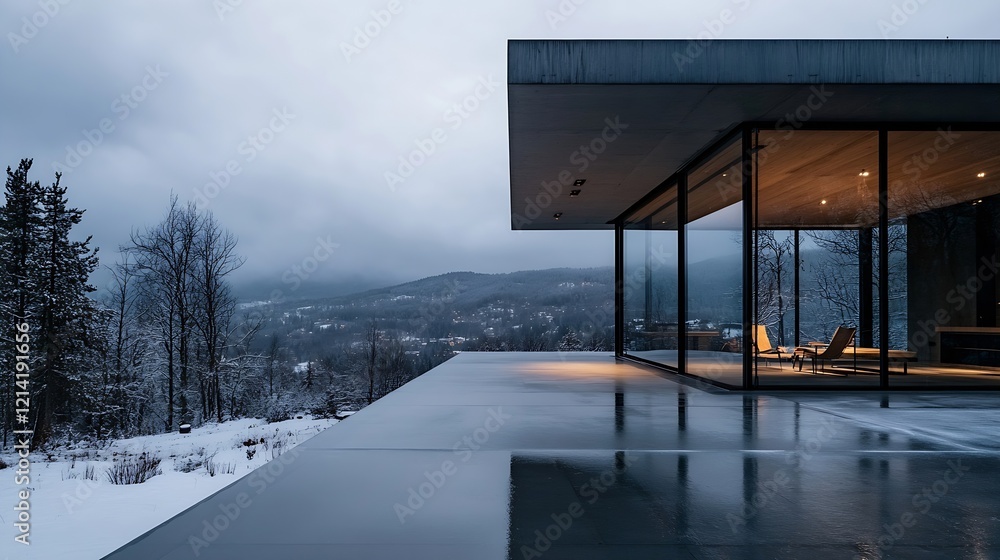 Fototapeta premium Modern luxury house with glass walls overlooking snowy mountains and serene landscape : Generative AI