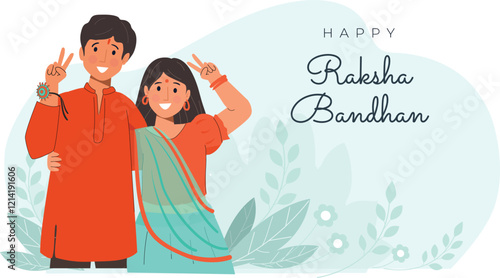 Happy Raksha Bandhan Illustration with Brother and Sister Bond A joyful brother and sister sharing sweets and exchanging gifts.