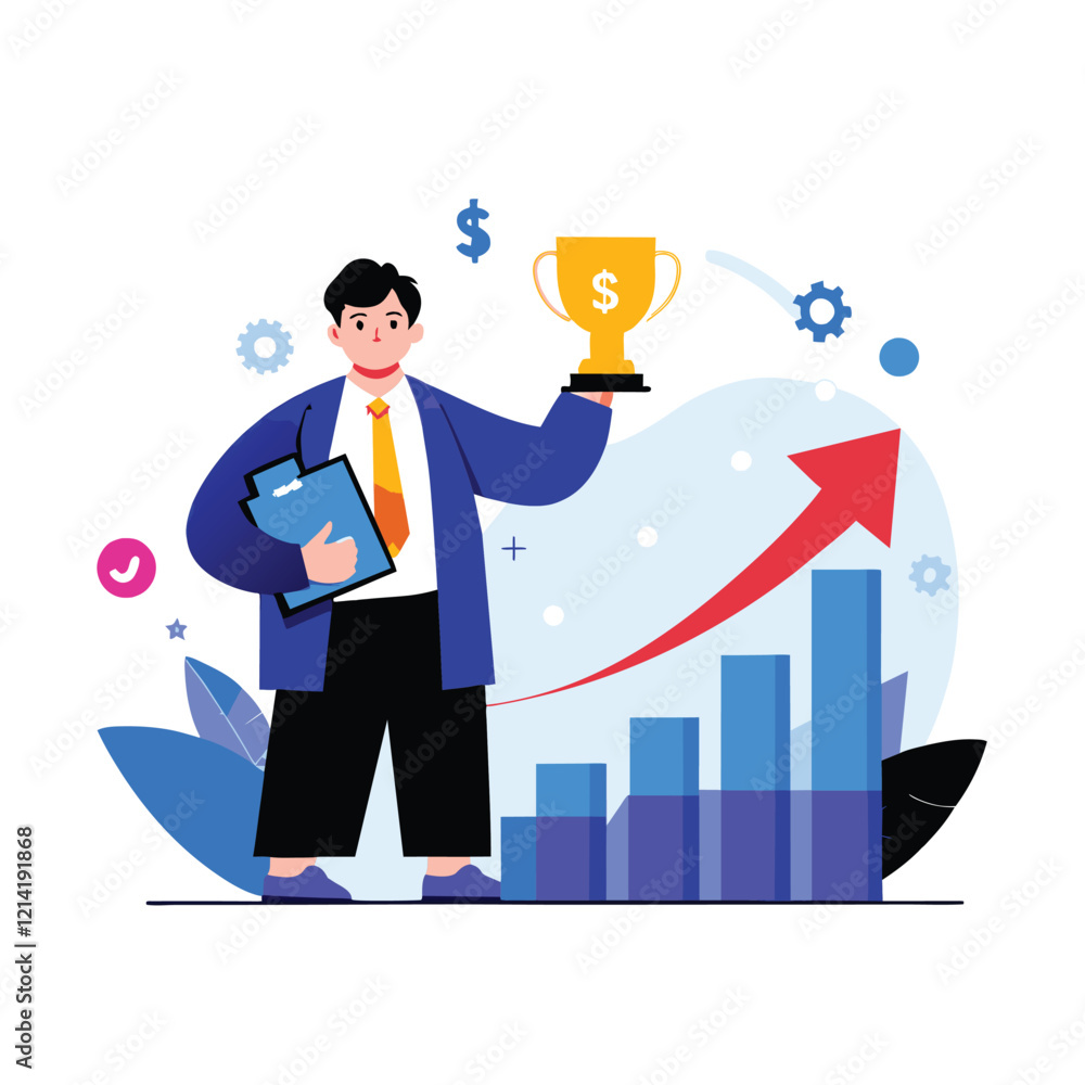 Obraz premium Business Success A businessman holding a trophy and surrounded by charts showing growth
