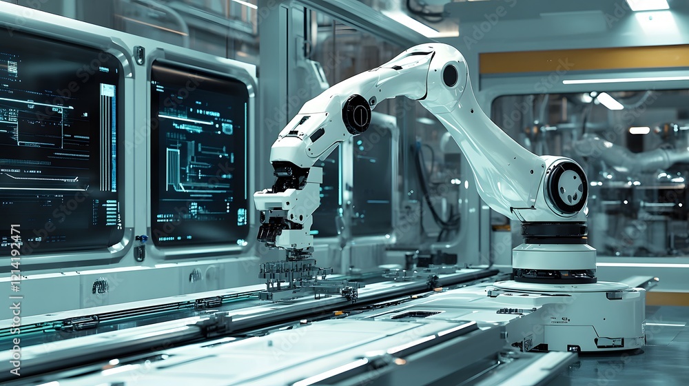 Automated robotic arm performs precision assembly in a futuristic factory Automated robotic arm performs precision assembly in a futuristic factory