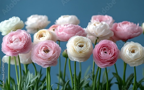 Close-up of pink and white ranunculus flowers against a blue background.