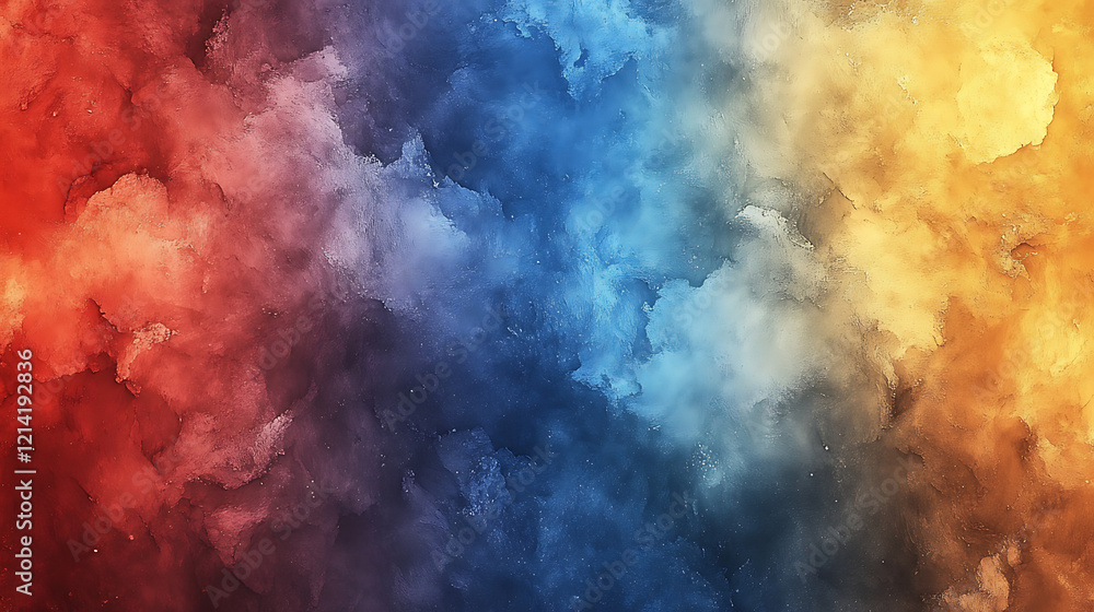 Fototapeta premium Vibrant cloud-like texture transitioning from red to blue to yellow 