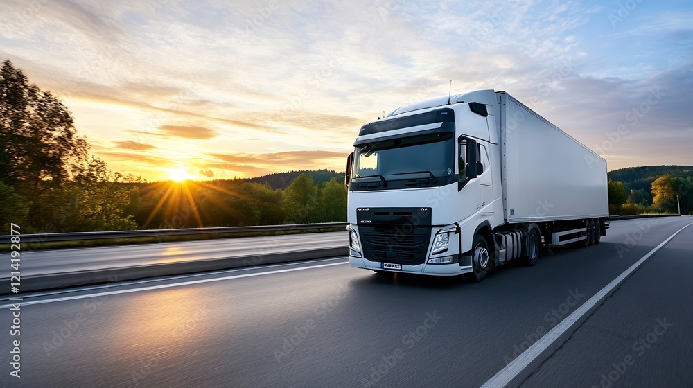 Obraz premium Modern SemiTruck Driving on Highway During Scenic Sunset : Generative AI