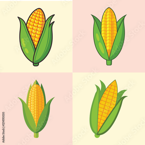 cartoon corn on the cob vector illustration in colorful grid - a vibrant illustration of four corn on the cob, perfect for logos, icons and, food themed designs