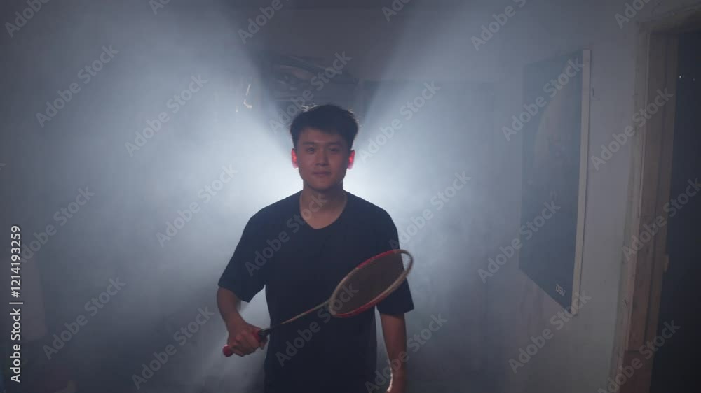 Man Asian practicing with a racket against a backdrop of shadowy light Man Asian practicing with a racket against a backdrop of shadowy light