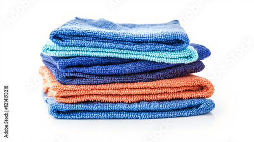 A neatly stacked pile of soft towels in shades of blue and orange placed on a clean white background symbolizing freshness and cleanliness  
