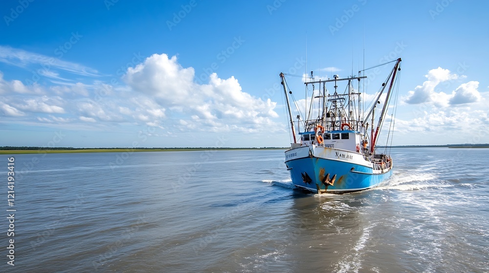 Naklejka premium Fishing Boat on Open Sea Navigating Calm Waters Under Clear Blue Sky : Generative AI