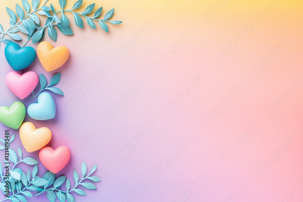 Colorful hearts and leaves on pastel gradient background Colorful hearts and leaves on pastel gradient background