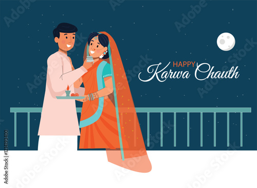 Loving Karwa Chauth Celebration Between Couples Illustration A wife viewing her husband through a sieve under the moon, with a romantic backdrop.