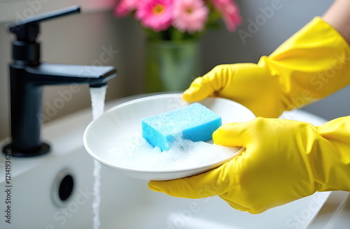 Wallpaper Mural Close-up of hands in yellow rubber gloves holding a white dish in foam and a blue sponge for washing dishes under a black faucet with running water into a white sink. Torontodigital.ca
